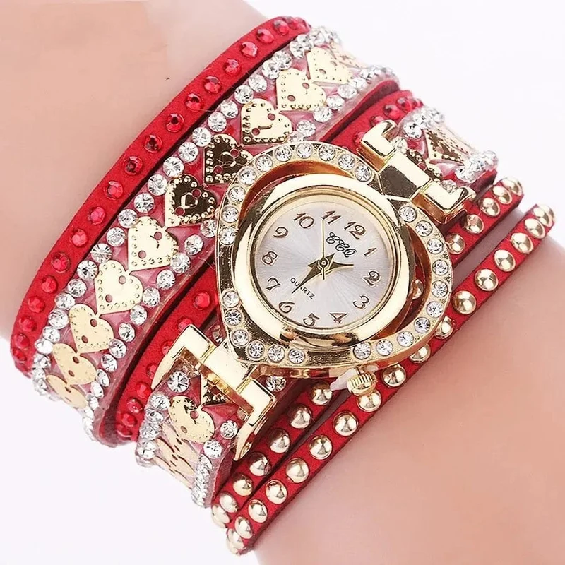 Luxuriöse Damen-Quarzuhr mit Herz-Zifferblatt, glänzendes Design, hochwertige Damen-Quarzuhr, modisches Strass-Armband, Wickelarmband, Damenuhr, Geschenk