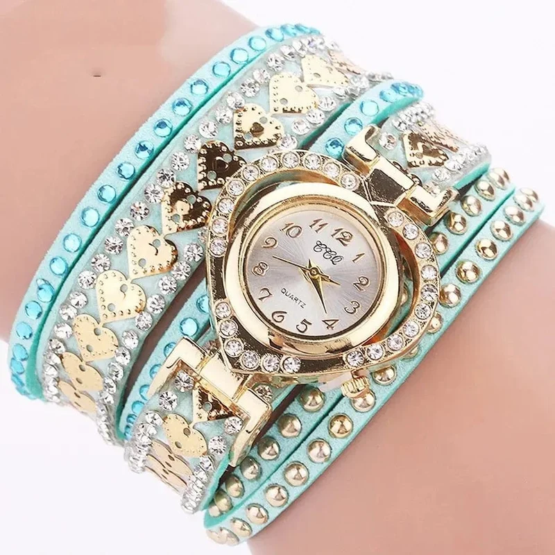 Luxuriöse Damen-Quarzuhr mit Herz-Zifferblatt, glänzendes Design, hochwertige Damen-Quarzuhr, modisches Strass-Armband, Wickelarmband, Damenuhr, Geschenk
