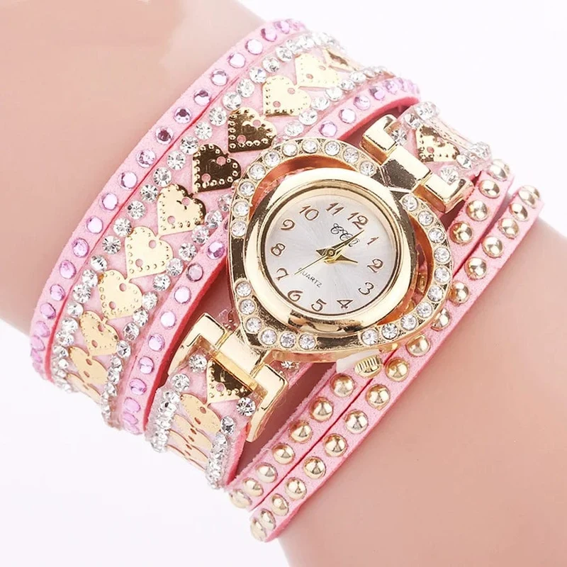 Luxuriöse Damen-Quarzuhr mit Herz-Zifferblatt, glänzendes Design, hochwertige Damen-Quarzuhr, modisches Strass-Armband, Wickelarmband, Damenuhr, Geschenk