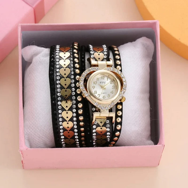 Luxuriöse Damen-Quarzuhr mit Herz-Zifferblatt, glänzendes Design, hochwertige Damen-Quarzuhr, modisches Strass-Armband, Wickelarmband, Damenuhr, Geschenk