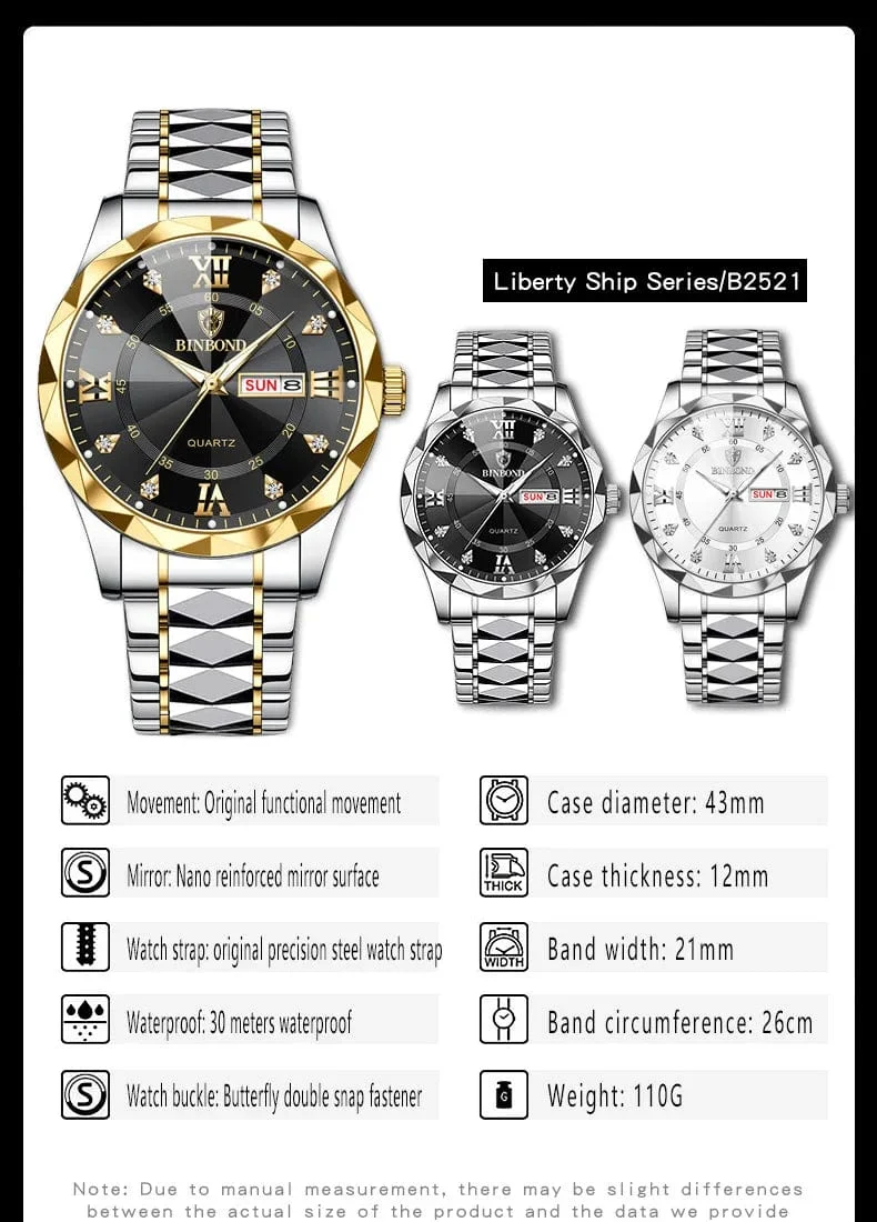 BINBOND Top Marke Luxus Mode Uhr Männer Wasserdicht Woche Datum Uhr Sport Uhr Männer Quarz Armbanduhr Relogio Masculino B2521
