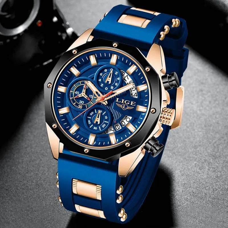 LIGE Herrenuhr Luxus Silikonarmband Wasserdicht Sport Quarz Chronograph Militär Armbanduhr Männer Uhr Relogio Masculino