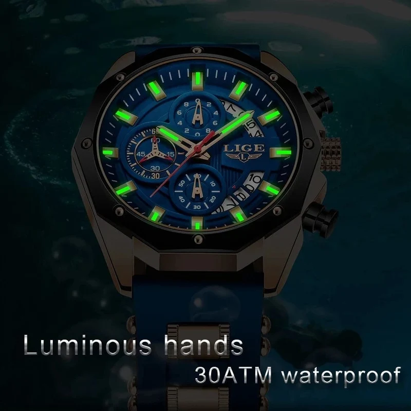 LIGE Herrenuhr Luxus Silikonarmband Wasserdicht Sport Quarz Chronograph Militär Armbanduhr Männer Uhr Relogio Masculino