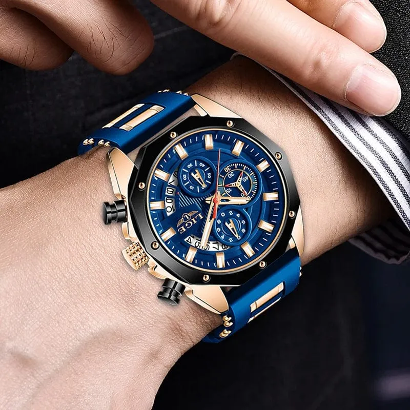 LIGE Herrenuhr Luxus Silikonarmband Wasserdicht Sport Quarz Chronograph Militär Armbanduhr Männer Uhr Relogio Masculino