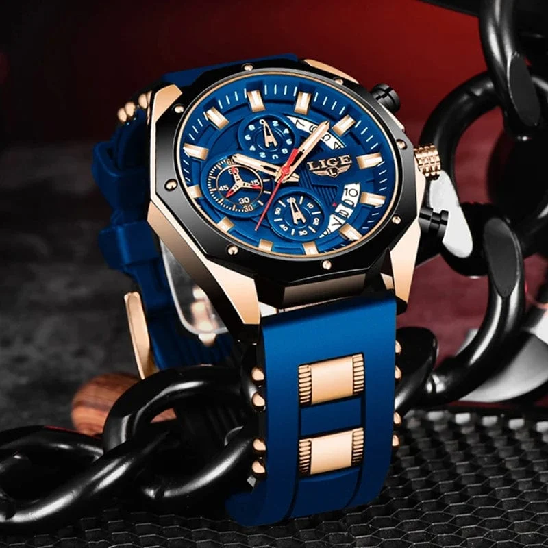 LIGE Herrenuhr Luxus Silikonarmband Wasserdicht Sport Quarz Chronograph Militär Armbanduhr Männer Uhr Relogio Masculino