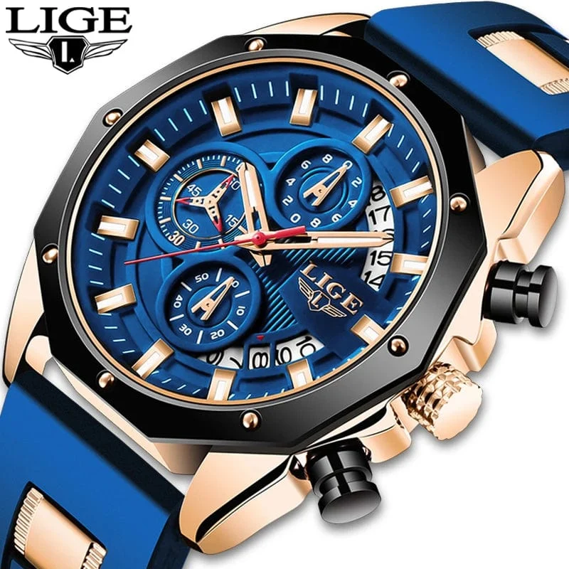 LIGE Herrenuhr Luxus Silikonarmband Wasserdicht Sport Quarz Chronograph Militär Armbanduhr Männer Uhr Relogio Masculino