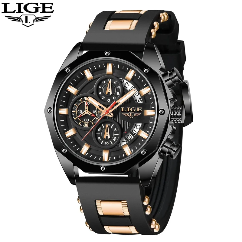 LIGE Herrenuhr Luxus Silikonarmband Wasserdicht Sport Quarz Chronograph Militär Armbanduhr Männer Uhr Relogio Masculino