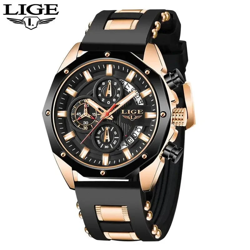 LIGE Herrenuhr Luxus Silikonarmband Wasserdicht Sport Quarz Chronograph Militär Armbanduhr Männer Uhr Relogio Masculino