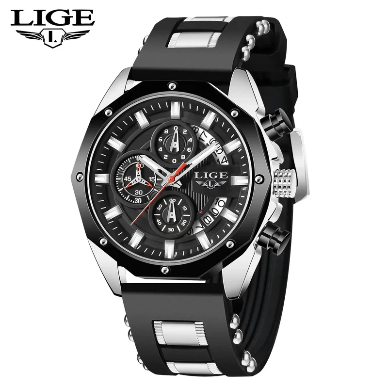 LIGE Herrenuhr Luxus Silikonarmband Wasserdicht Sport Quarz Chronograph Militär Armbanduhr Männer Uhr Relogio Masculino