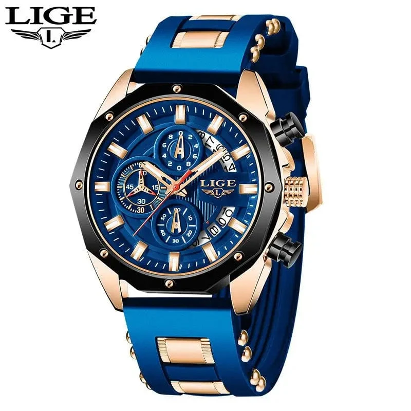 LIGE Herrenuhr Luxus Silikonarmband Wasserdicht Sport Quarz Chronograph Militär Armbanduhr Männer Uhr Relogio Masculino