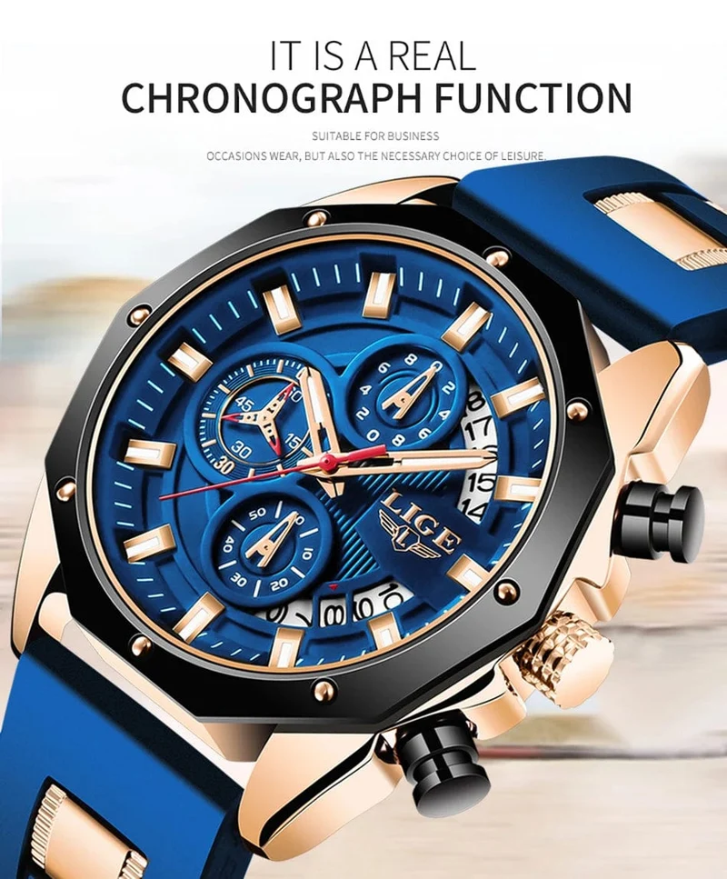 LIGE Herrenuhr Luxus Silikonarmband Wasserdicht Sport Quarz Chronograph Militär Armbanduhr Männer Uhr Relogio Masculino