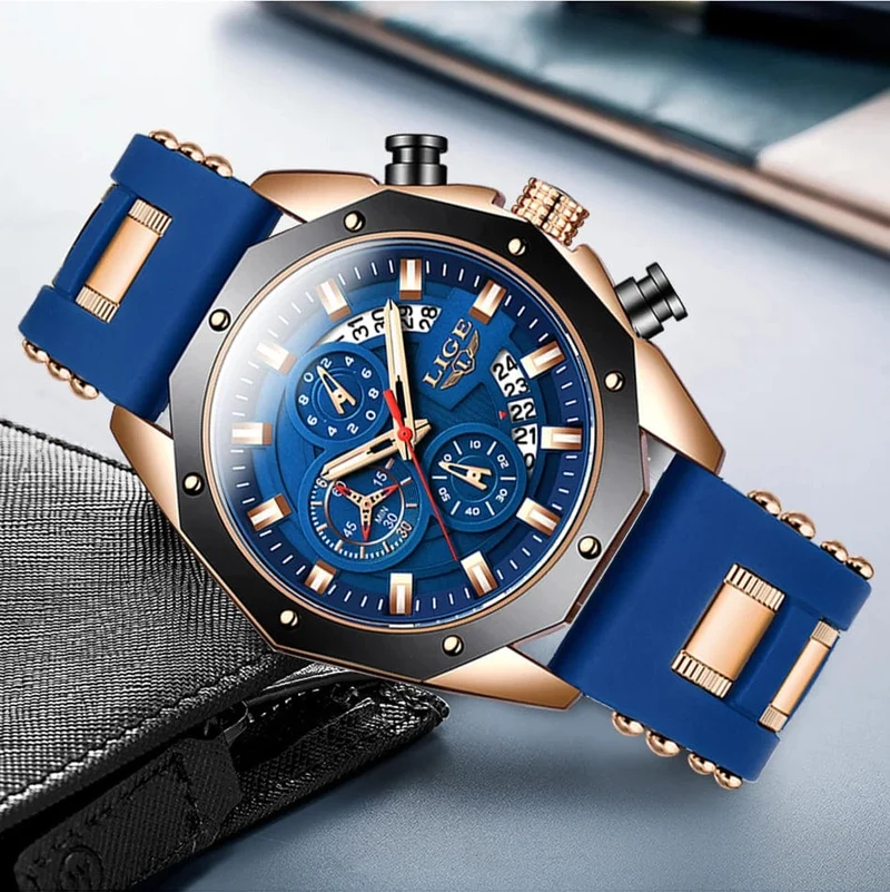 LIGE Herrenuhr Luxus Silikonarmband Wasserdicht Sport Quarz Chronograph Militär Armbanduhr Männer Uhr Relogio Masculino