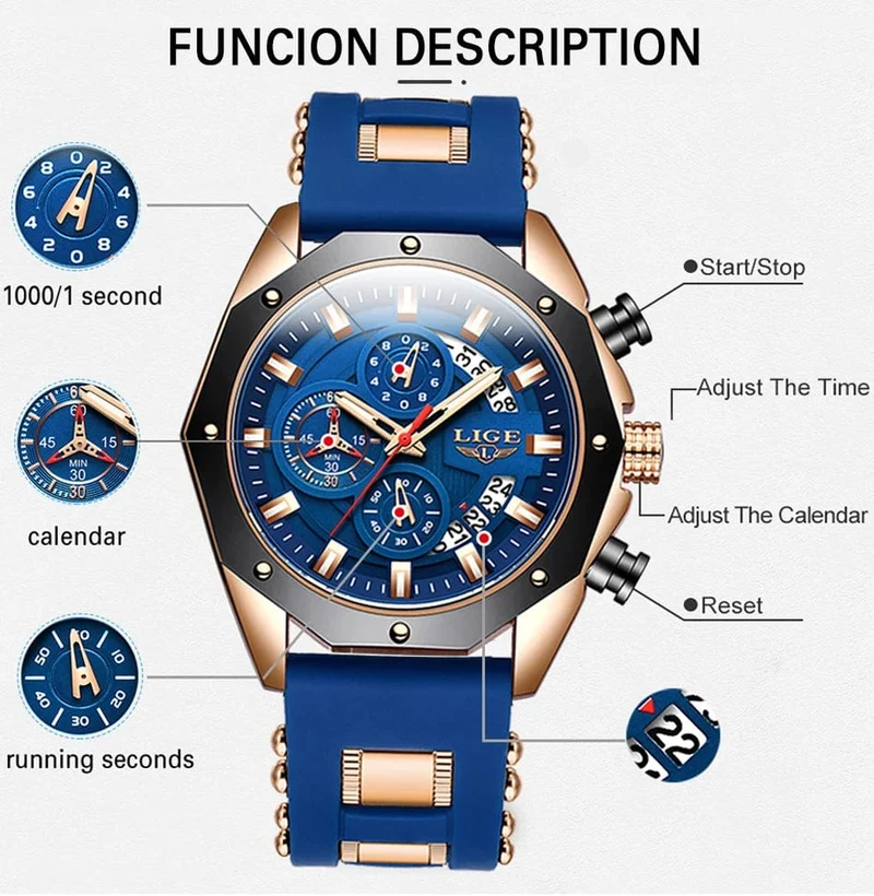 LIGE Herrenuhr Luxus Silikonarmband Wasserdicht Sport Quarz Chronograph Militär Armbanduhr Männer Uhr Relogio Masculino