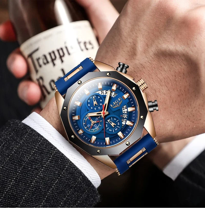 LIGE Herrenuhr Luxus Silikonarmband Wasserdicht Sport Quarz Chronograph Militär Armbanduhr Männer Uhr Relogio Masculino