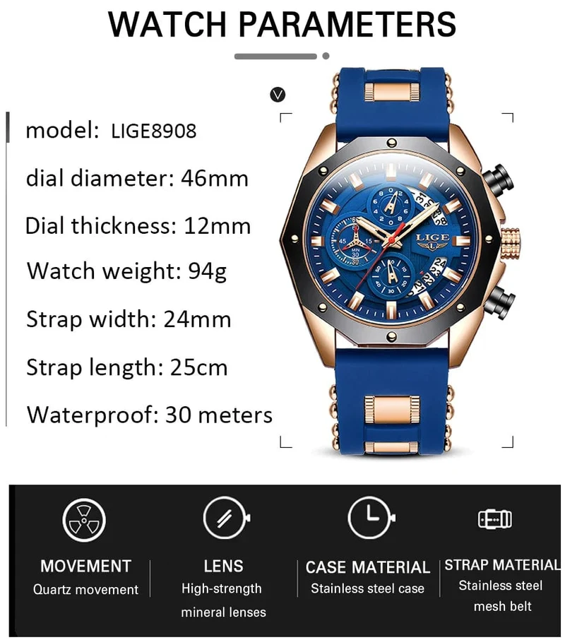 LIGE Herrenuhr Luxus Silikonarmband Wasserdicht Sport Quarz Chronograph Militär Armbanduhr Männer Uhr Relogio Masculino