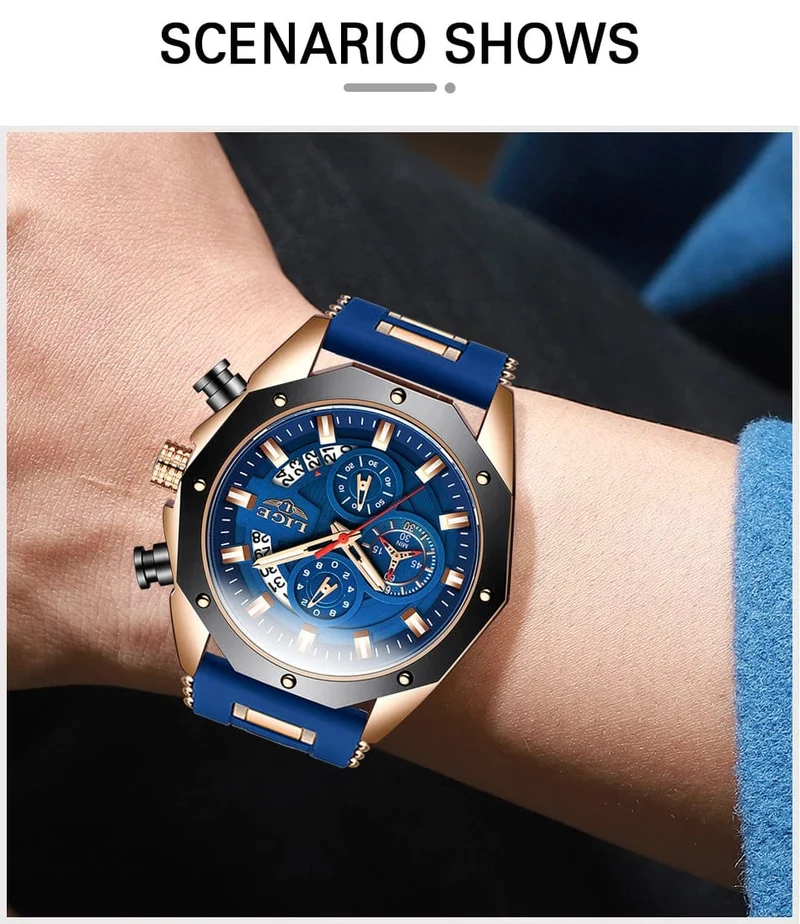 LIGE Herrenuhr Luxus Silikonarmband Wasserdicht Sport Quarz Chronograph Militär Armbanduhr Männer Uhr Relogio Masculino