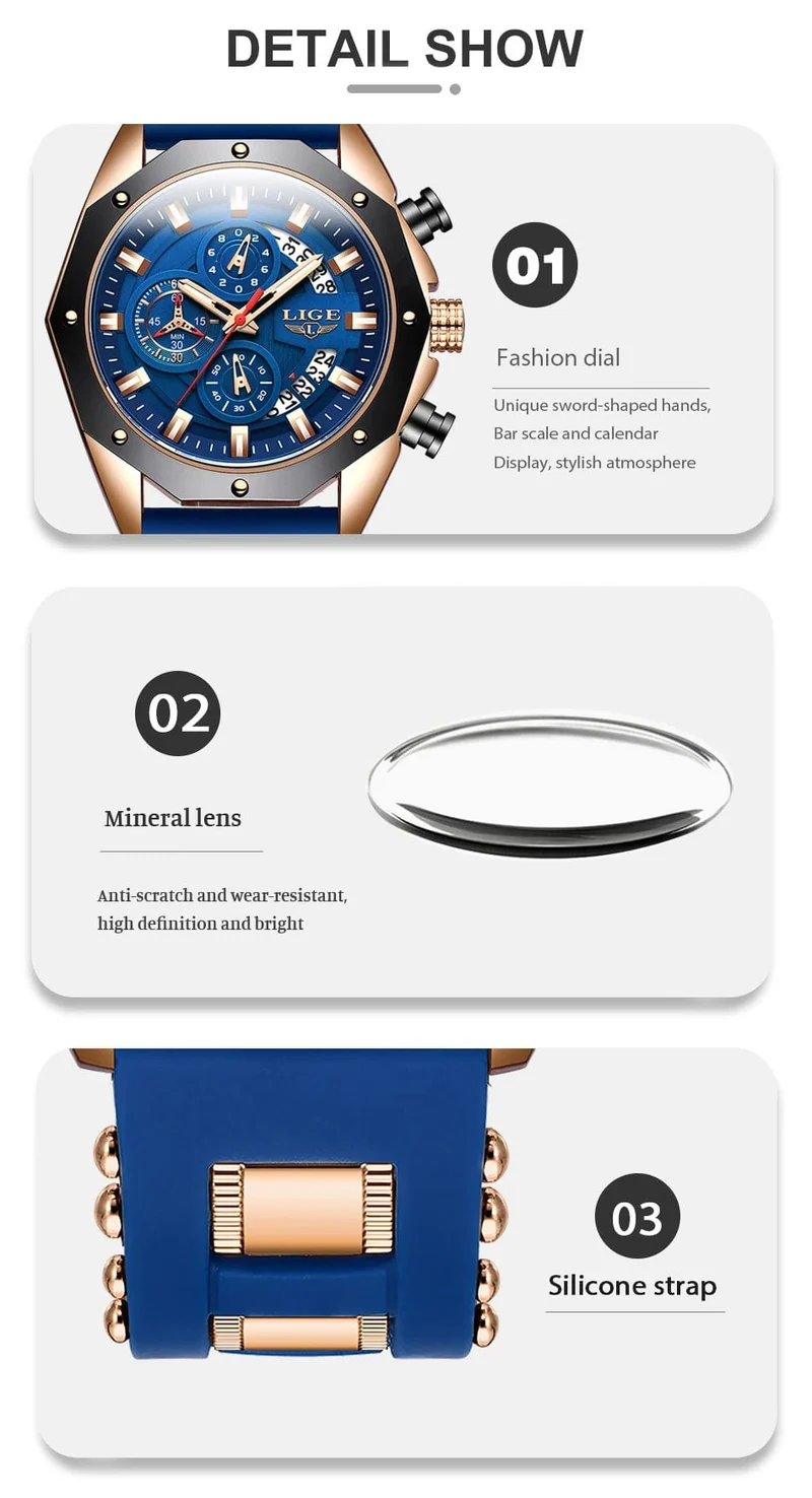 LIGE Herrenuhr Luxus Silikonarmband Wasserdicht Sport Quarz Chronograph Militär Armbanduhr Männer Uhr Relogio Masculino