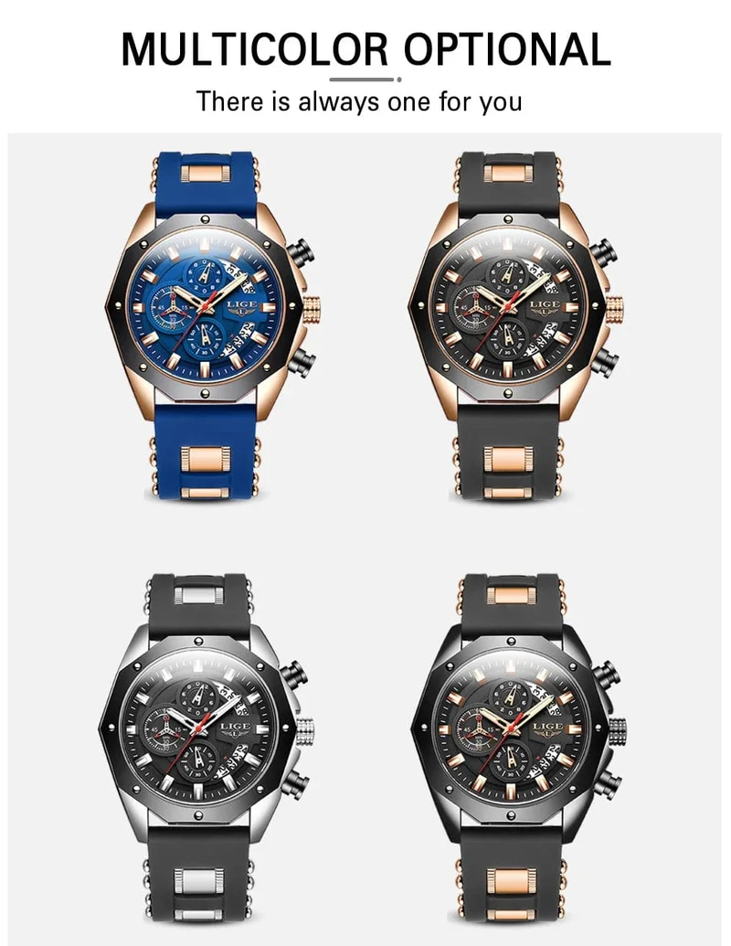 LIGE Herrenuhr Luxus Silikonarmband Wasserdicht Sport Quarz Chronograph Militär Armbanduhr Männer Uhr Relogio Masculino