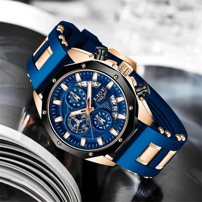 LIGE Herrenuhr Luxus Silikonarmband Wasserdicht Sport Quarz Chronograph Militär Armbanduhr Männer Uhr Relogio Masculino