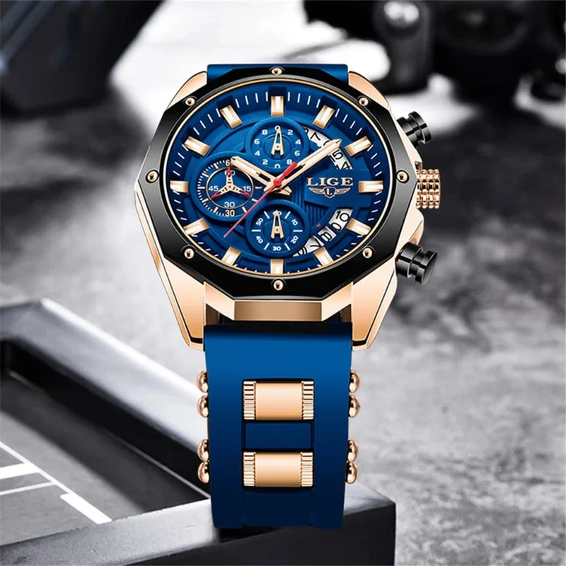 LIGE Herrenuhr Luxus Silikonarmband Wasserdicht Sport Quarz Chronograph Militär Armbanduhr Männer Uhr Relogio Masculino