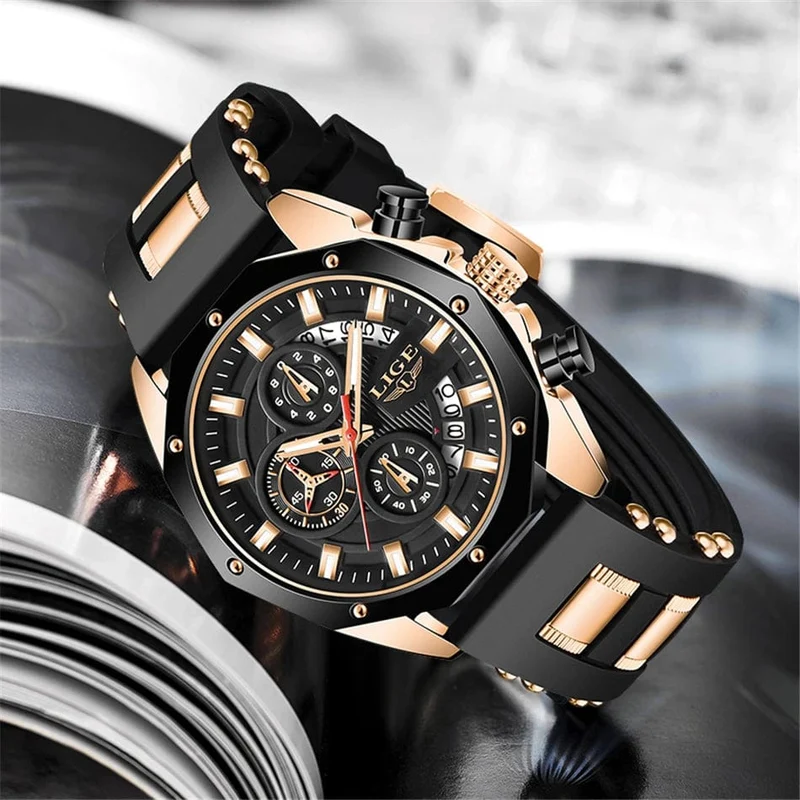 LIGE Herrenuhr Luxus Silikonarmband Wasserdicht Sport Quarz Chronograph Militär Armbanduhr Männer Uhr Relogio Masculino