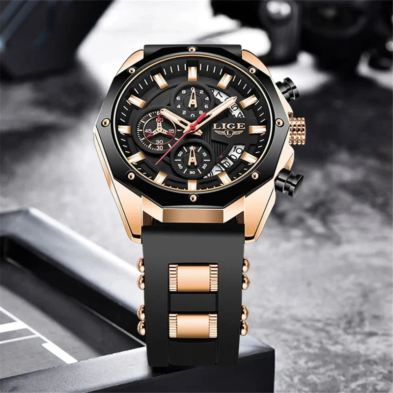 LIGE Herrenuhr Luxus Silikonarmband Wasserdicht Sport Quarz Chronograph Militär Armbanduhr Männer Uhr Relogio Masculino