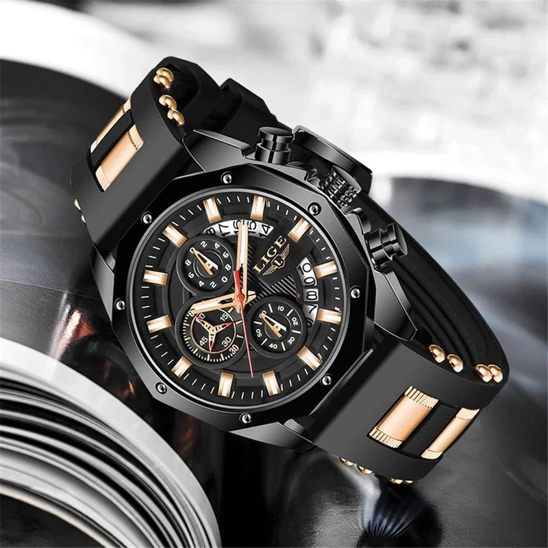 LIGE Herrenuhr Luxus Silikonarmband Wasserdicht Sport Quarz Chronograph Militär Armbanduhr Männer Uhr Relogio Masculino