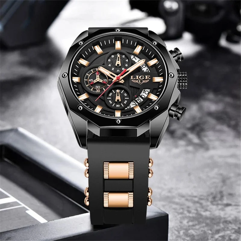 LIGE Herrenuhr Luxus Silikonarmband Wasserdicht Sport Quarz Chronograph Militär Armbanduhr Männer Uhr Relogio Masculino