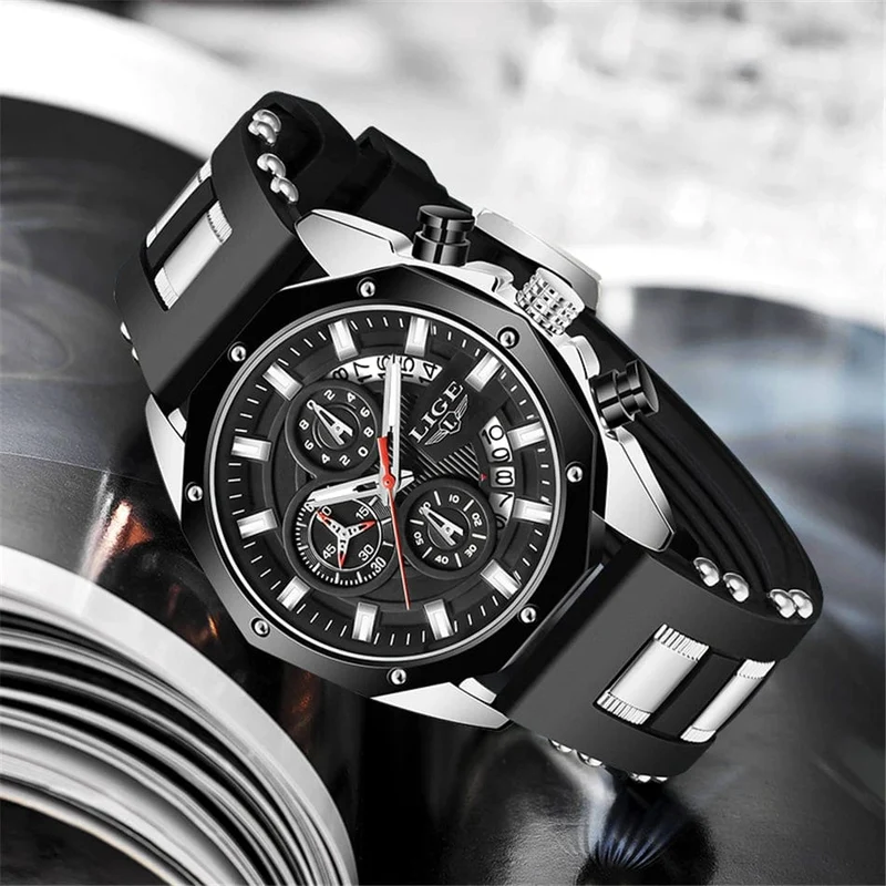 LIGE Herrenuhr Luxus Silikonarmband Wasserdicht Sport Quarz Chronograph Militär Armbanduhr Männer Uhr Relogio Masculino
