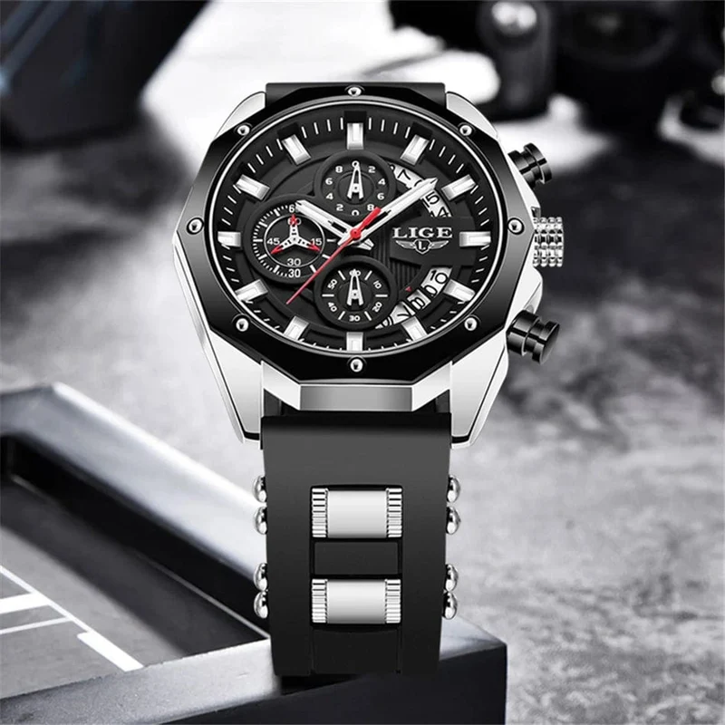 LIGE Herrenuhr Luxus Silikonarmband Wasserdicht Sport Quarz Chronograph Militär Armbanduhr Männer Uhr Relogio Masculino