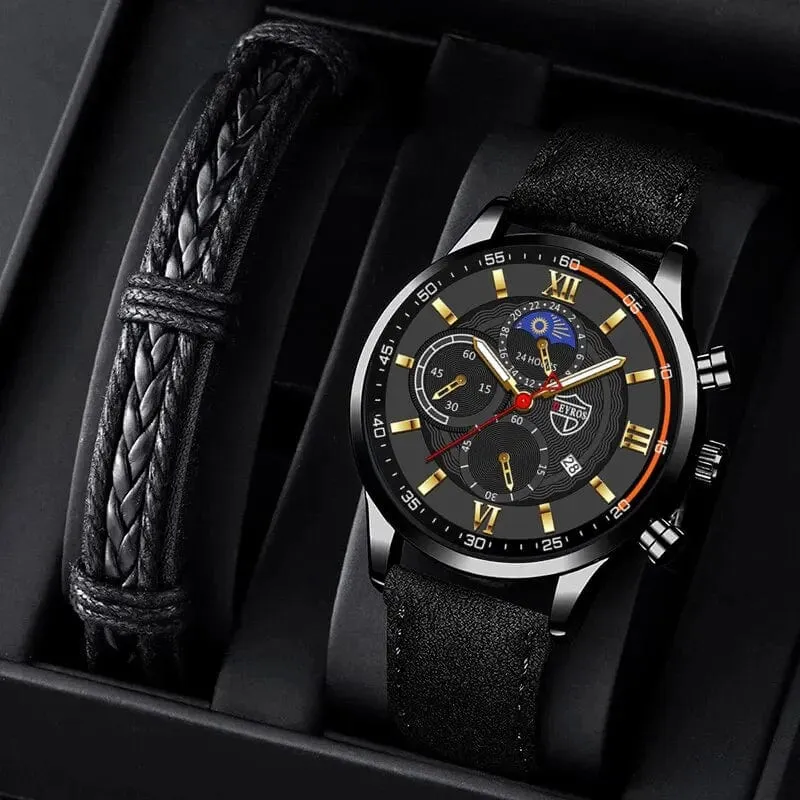 2 Teile/satz Mode Herren Sport Uhren Mann Business Leder Armband Quarz Uhr Luxus Männer Casual Leuchtende Uhr Reloj Hombre