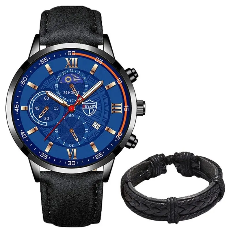 2 Teile/satz Mode Herren Sport Uhren Mann Business Leder Armband Quarz Uhr Luxus Männer Casual Leuchtende Uhr Reloj Hombre