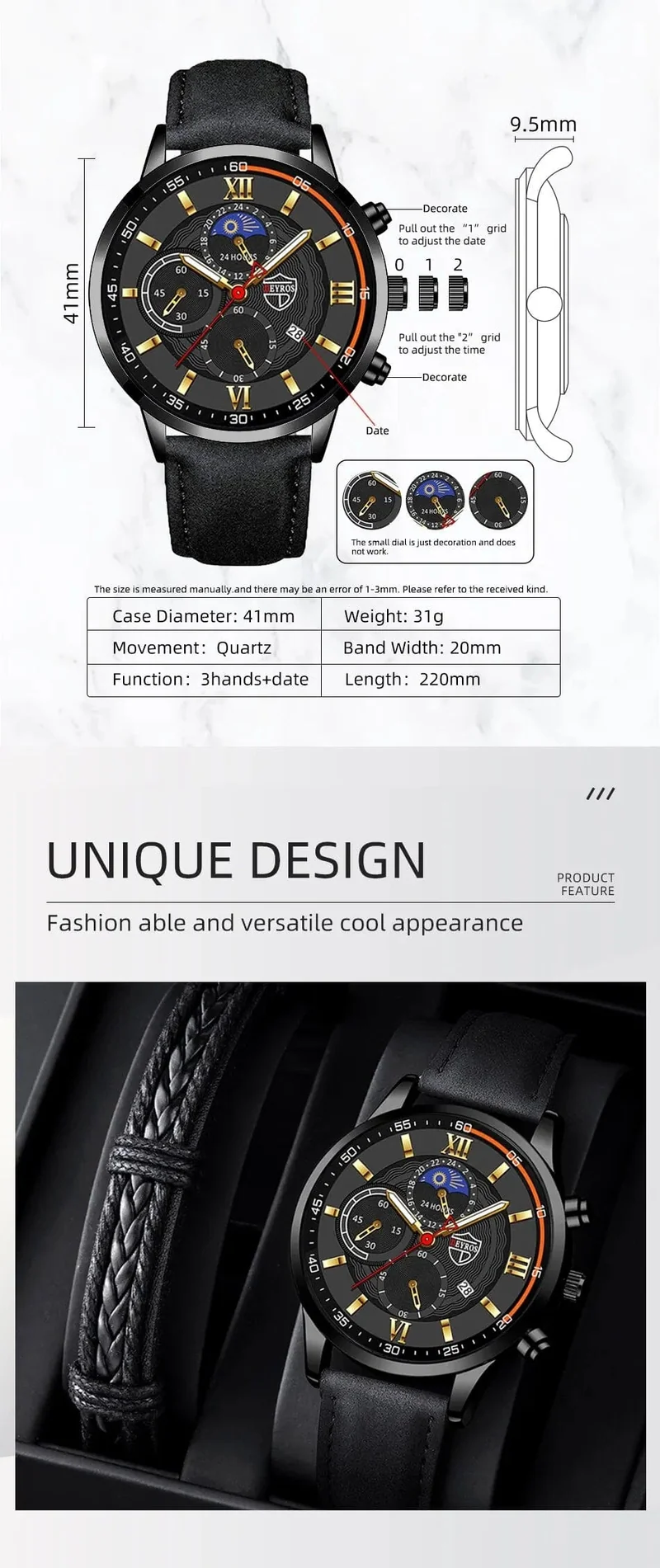 2 Teile/satz Mode Herren Sport Uhren Mann Business Leder Armband Quarz Uhr Luxus Männer Casual Leuchtende Uhr Reloj Hombre