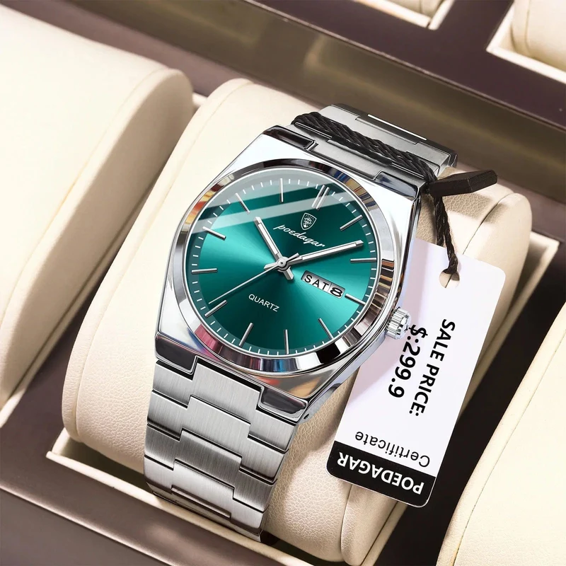POEDAGAR Luxus Quarz Herren Armbanduhr Sport Herren Uhren Wasserdicht Leucht Datum Woche Edelstahl Herrenuhr Männlich Reloj + Box