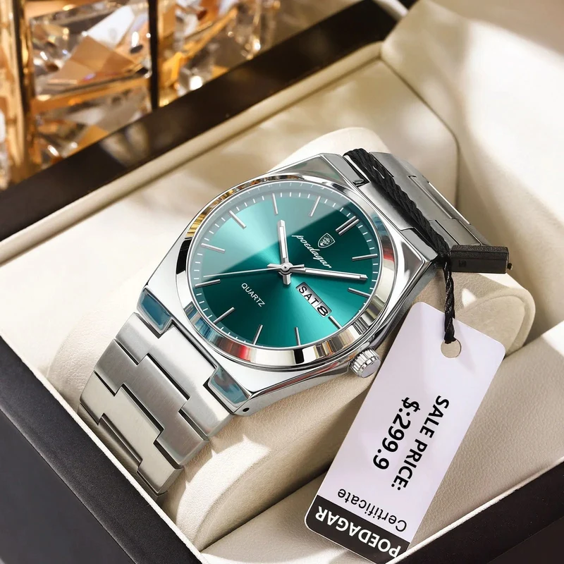 POEDAGAR Luxus Quarz Herren Armbanduhr Sport Herren Uhren Wasserdicht Leucht Datum Woche Edelstahl Herrenuhr Männlich Reloj + Box
