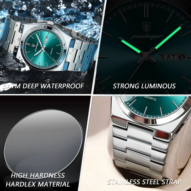POEDAGAR Luxus Quarz Herren Armbanduhr Sport Herren Uhren Wasserdicht Leucht Datum Woche Edelstahl Herrenuhr Männlich Reloj + Box