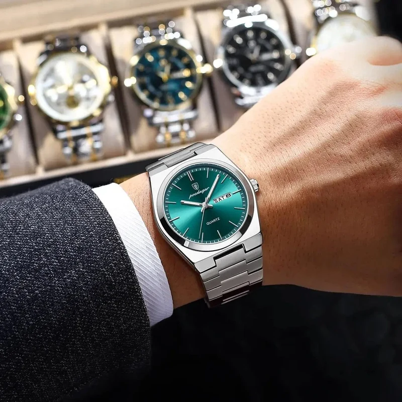 POEDAGAR Luxus Quarz Herren Armbanduhr Sport Herren Uhren Wasserdicht Leucht Datum Woche Edelstahl Herrenuhr Männlich Reloj + Box