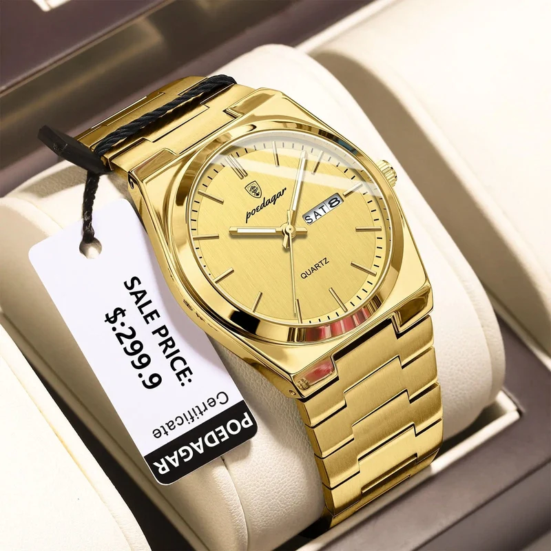 POEDAGAR Luxus Quarz Herren Armbanduhr Sport Herren Uhren Wasserdicht Leucht Datum Woche Edelstahl Herrenuhr Männlich Reloj + Box