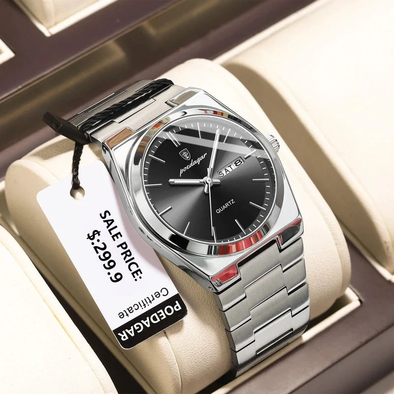 POEDAGAR Luxus Quarz Herren Armbanduhr Sport Herren Uhren Wasserdicht Leucht Datum Woche Edelstahl Herrenuhr Männlich Reloj + Box