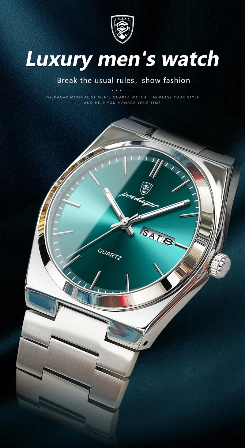 POEDAGAR Luxus Quarz Herren Armbanduhr Sport Herren Uhren Wasserdicht Leucht Datum Woche Edelstahl Herrenuhr Männlich Reloj + Box