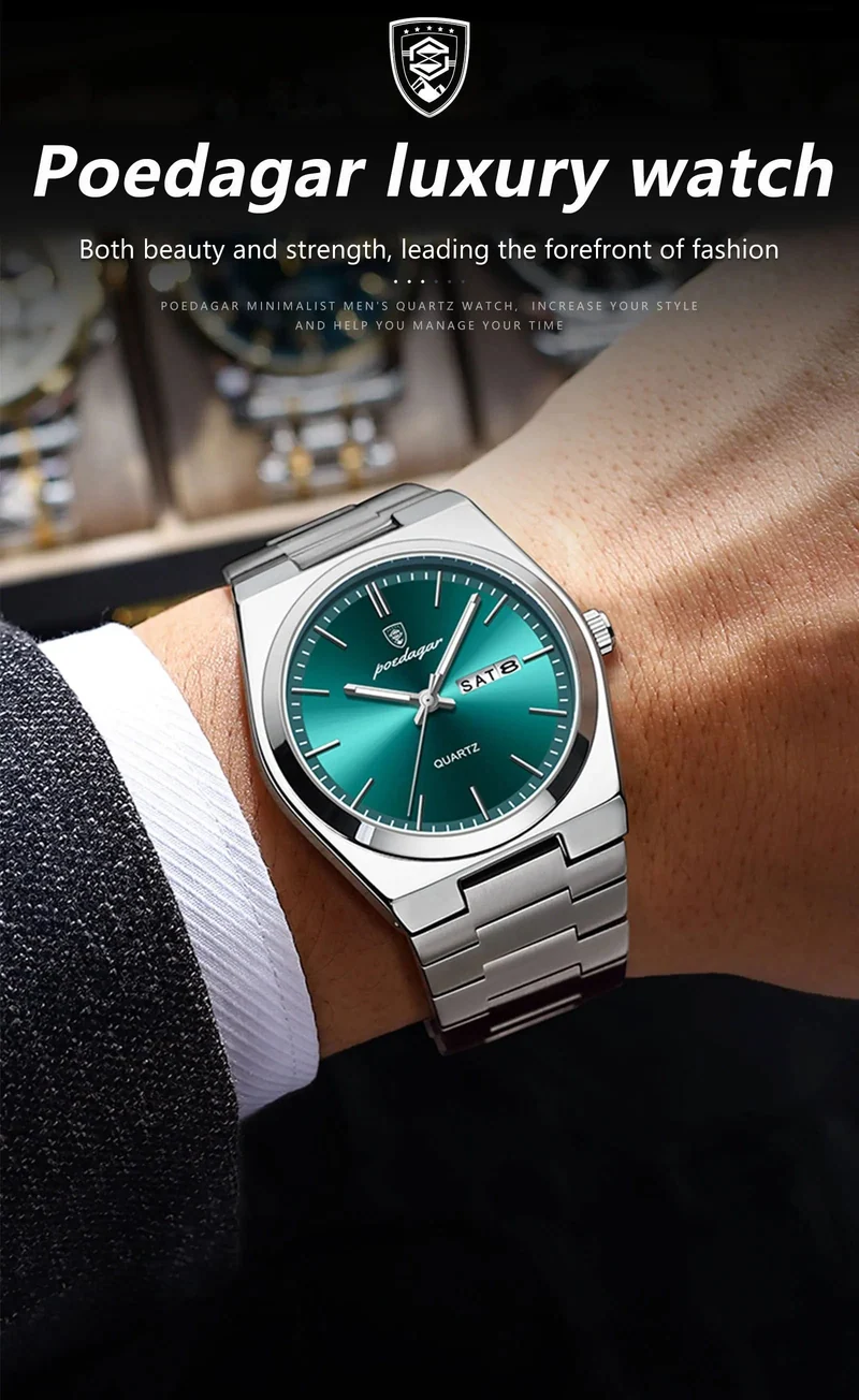 POEDAGAR Luxus Quarz Herren Armbanduhr Sport Herren Uhren Wasserdicht Leucht Datum Woche Edelstahl Herrenuhr Männlich Reloj + Box