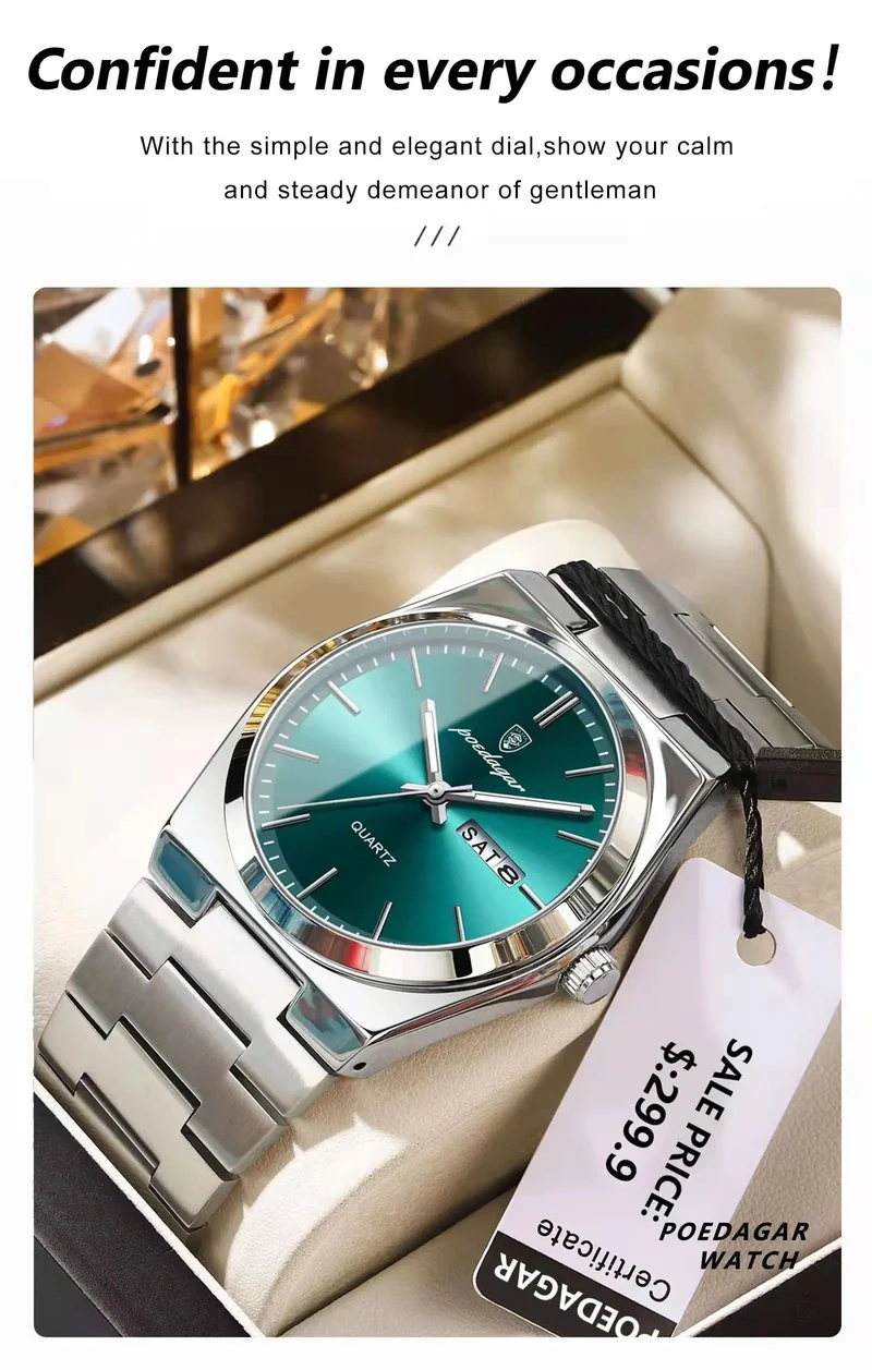 POEDAGAR Luxus Quarz Herren Armbanduhr Sport Herren Uhren Wasserdicht Leucht Datum Woche Edelstahl Herrenuhr Männlich Reloj + Box