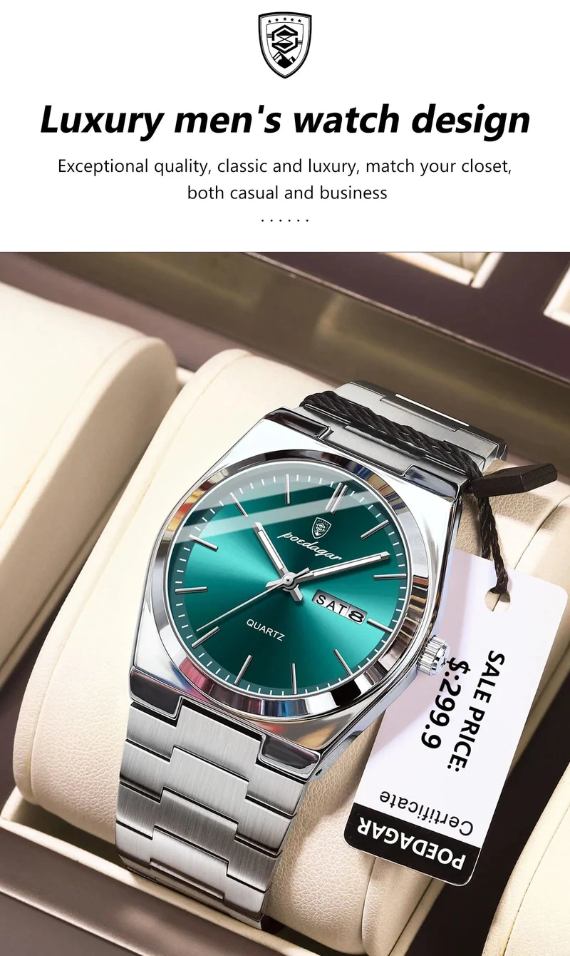 POEDAGAR Luxus Quarz Herren Armbanduhr Sport Herren Uhren Wasserdicht Leucht Datum Woche Edelstahl Herrenuhr Männlich Reloj + Box