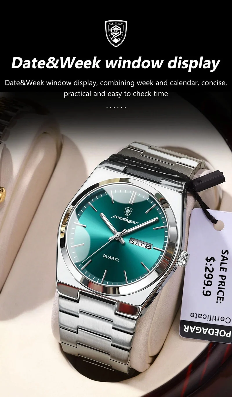 POEDAGAR Luxus Quarz Herren Armbanduhr Sport Herren Uhren Wasserdicht Leucht Datum Woche Edelstahl Herrenuhr Männlich Reloj + Box