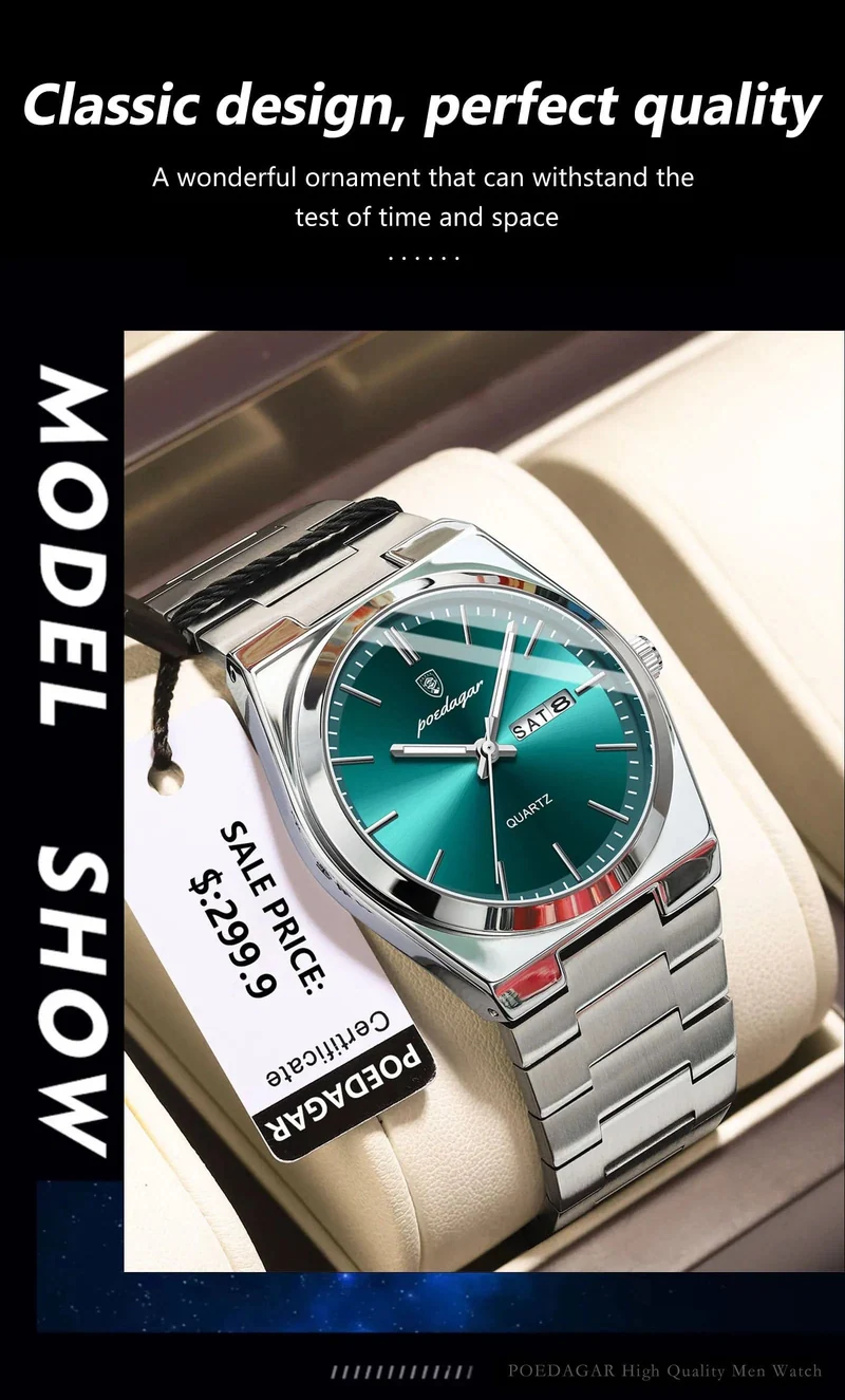 POEDAGAR Luxus Quarz Herren Armbanduhr Sport Herren Uhren Wasserdicht Leucht Datum Woche Edelstahl Herrenuhr Männlich Reloj + Box