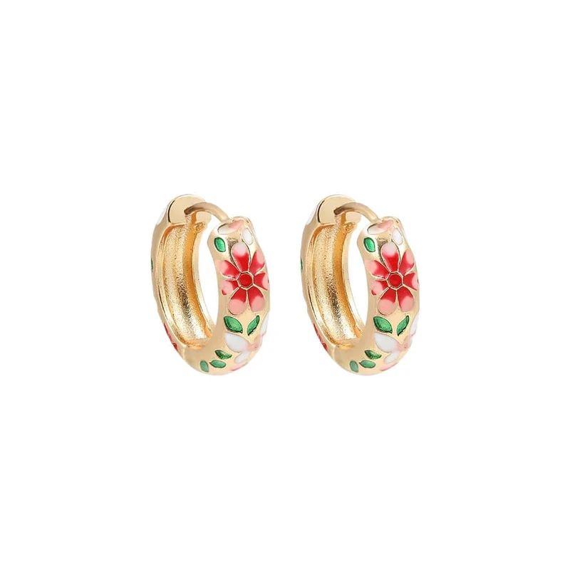 Vintage Emaille Blumen Niedliche Huggies Creolen für Frauen Klassisch Bunt Graviert Rund Kreis Ohr Schnalle Retro Brincos