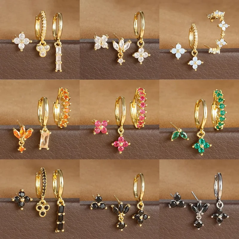 3-teiliges Creolen-Set aus Edelstahl mit mehrfarbigen Kristallen für Frauen, Zirkonia, 18 Karat vergoldet, Huggie-Anhänger, Piercingschmuck
