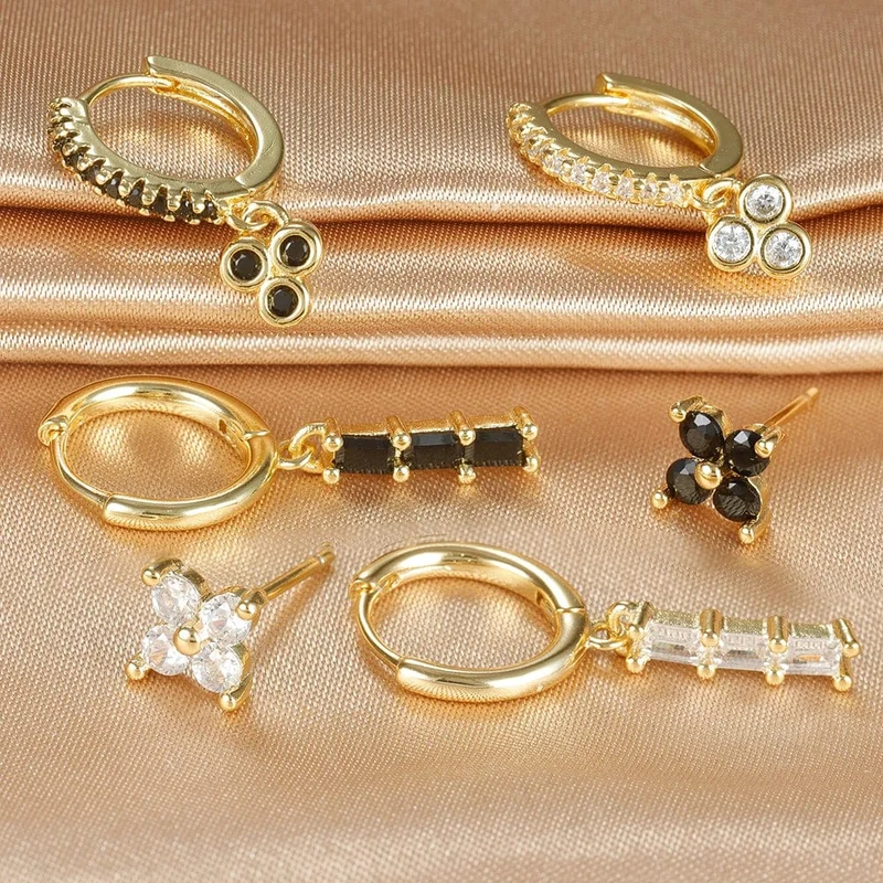 3-teiliges Creolen-Set aus Edelstahl mit mehrfarbigen Kristallen für Frauen, Zirkonia, 18 Karat vergoldet, Huggie-Anhänger, Piercingschmuck