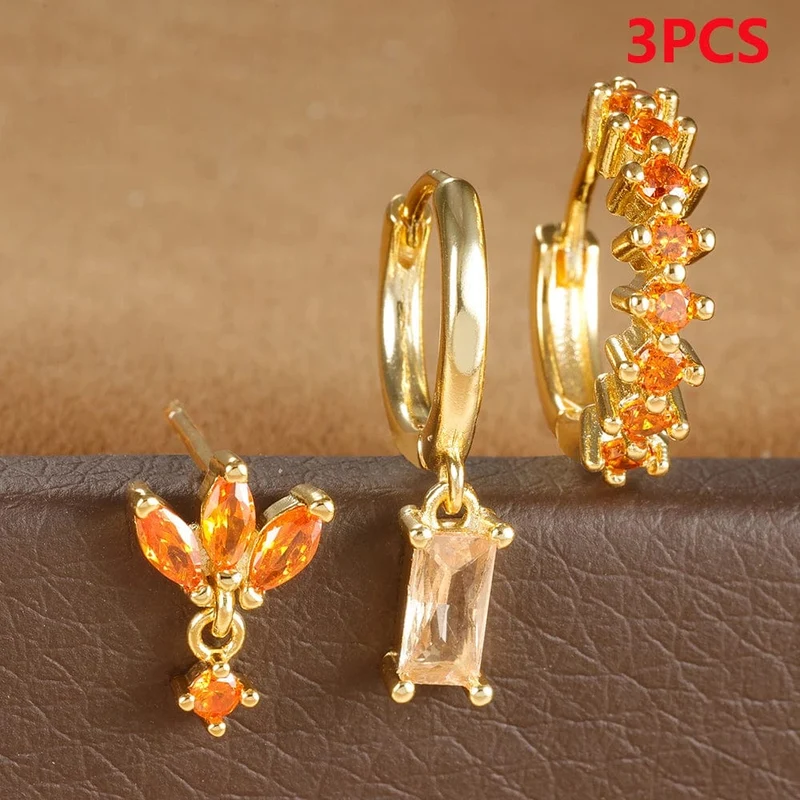 3-teiliges Creolen-Set aus Edelstahl mit mehrfarbigen Kristallen für Frauen, Zirkonia, 18 Karat vergoldet, Huggie-Anhänger, Piercingschmuck