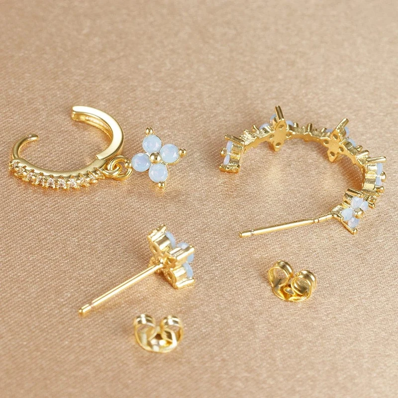 3-teiliges Creolen-Set aus Edelstahl mit mehrfarbigen Kristallen für Frauen, Zirkonia, 18 Karat vergoldet, Huggie-Anhänger, Piercingschmuck